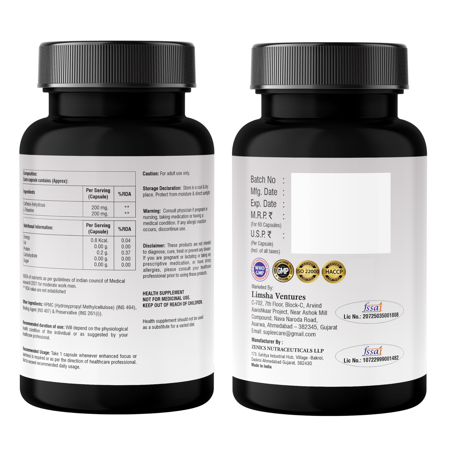 Caffeine 200mg Capsules with L-Theanine 200mg | Focus & Energy Supplement | 60 Capsules
