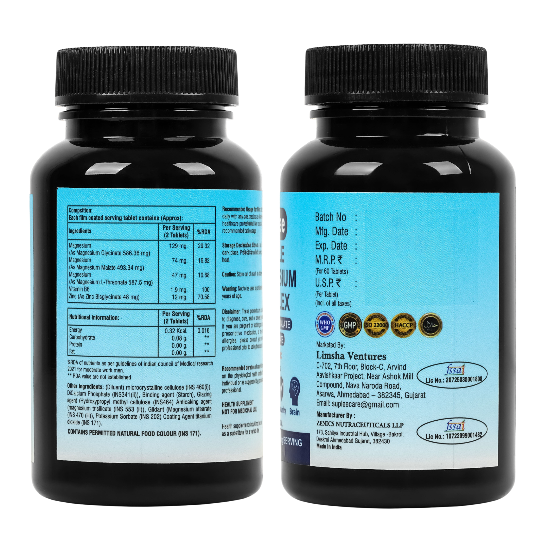 Suplee Triple Magnesium Complex | Magnesium Glycinate, Malate & L-Threonate with Vitamin B6 & Zinc | 60 Tablets