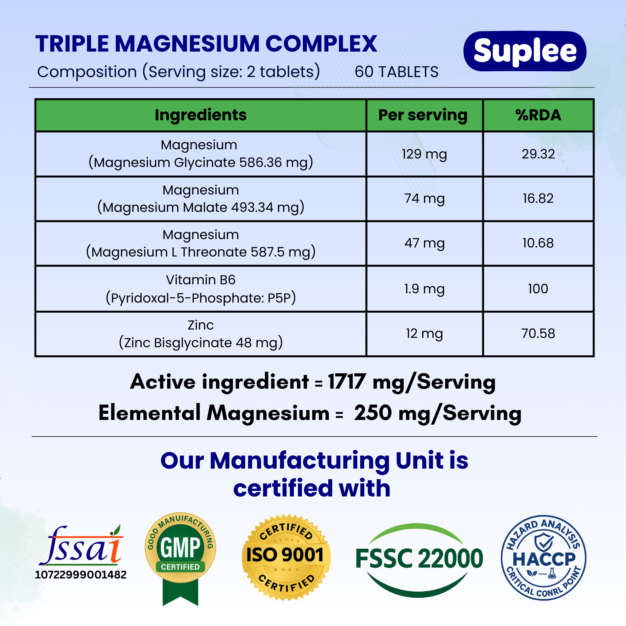 Suplee Triple Magnesium Complex | Magnesium Glycinate, Malate & L-Threonate with Vitamin B6 & Zinc | 60 Tablets