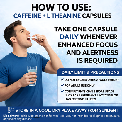 Caffeine 200mg Capsules with L-Theanine 200mg | Focus & Energy Supplement | 60 Capsules